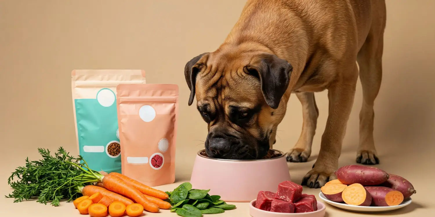 dog eating from a bowl with raw vegetables lying around it