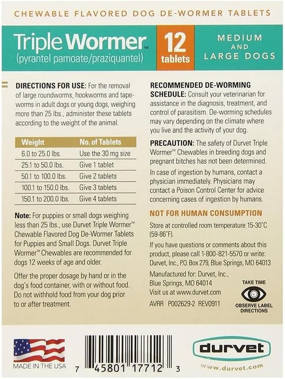 Triple Wormer Tablets for Medium and Large Dogs 25.1-200 lbs - Dog Health Care & Wellness 4