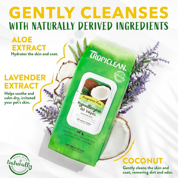Tropiclean Hypoallergenic Deodorizing Wipes for Dogs & Cats (100 ct) - Pet Grooming 4