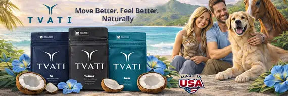 Tvati brand supplement bags in dark blue, black, and teal with white logos and product names.
