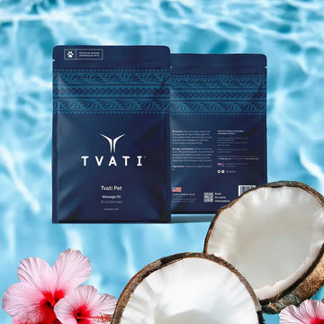 TVATI product packaging with coconuts and flowers on a blue water background