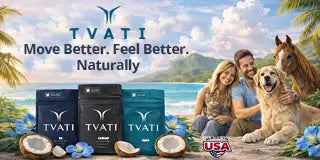 Tvati pet supplement bottles in blue and black packaging, displayed with a family and dog on a tropical beach backdrop.