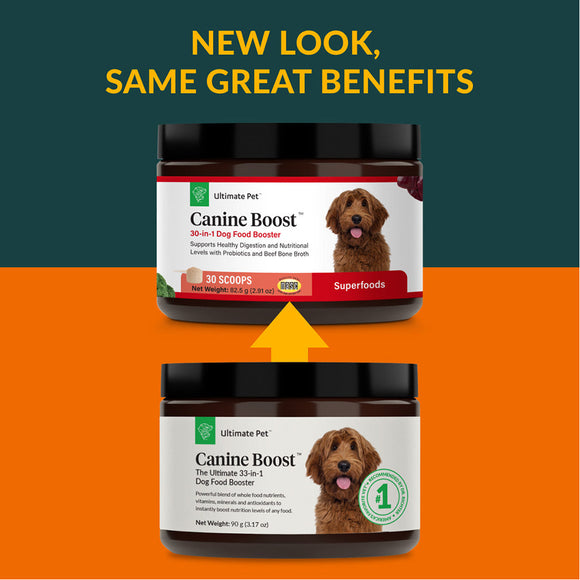 New Packaging of Ultimate Pet Nutrition Canine Boost The Ultimate 33-in-1 Dog Food Booster (3.17 oz powder)
