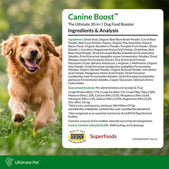 Ingredients and Analysis of Ultimate Pet Nutrition Canine Boost The Ultimate 33-in-1 Dog Food Booster (3.17 oz powder)