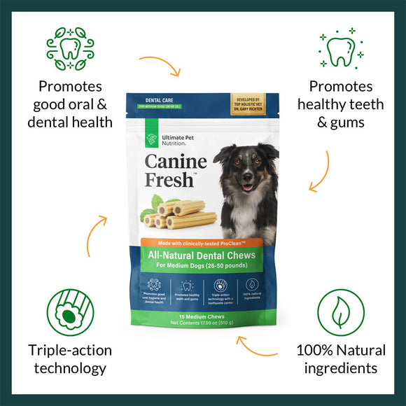 Food features of Ultimate Pet Nutrition Canine Fresh All-Natural Dental Chews for Medium Dogs 26-50 lbs, 15 count