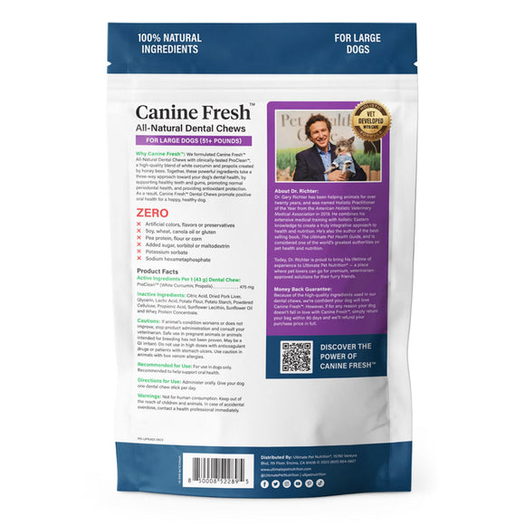 Back label of Ultimate Pet Nutrition Canine Fresh All-Natural Dental Chews for Large Dogs 51+ lbs, 12 count