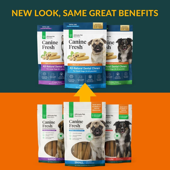 New Packaging of Ultimate Pet Nutrition Canine Fresh All-Natural Dental Chews for Dogs