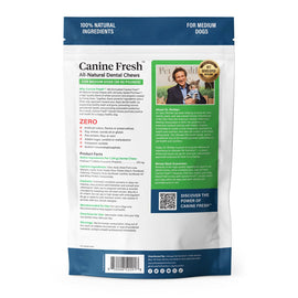 back label of Ultimate Pet Nutrition Canine Fresh All-Natural Dental Chews for Medium Dogs 26-50 lbs, 15 count