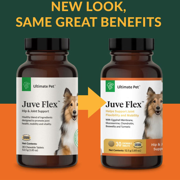 New Packaging of Ultimate Pet Nutrition Juve Flex Advance Hip & Joint Support for Dogs,