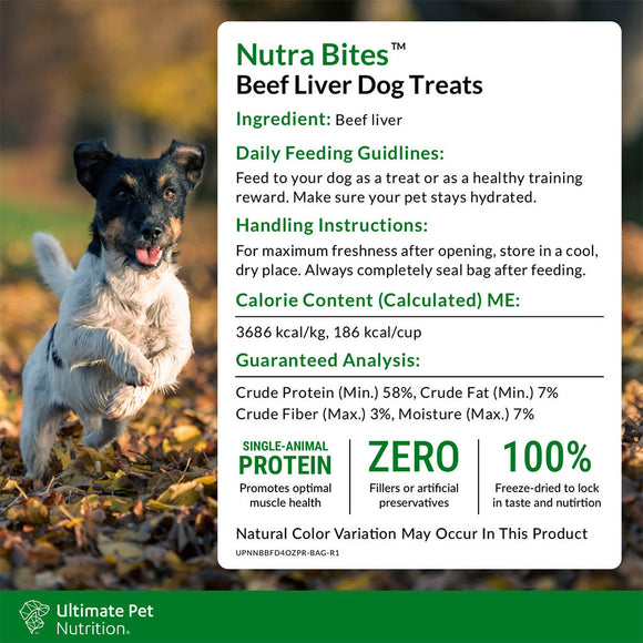 Ingredients and Feeding Guidelines for Ultimate Pet Nutrition Nutra Bites Freeze Dried Beef Liver Treats for Dogs