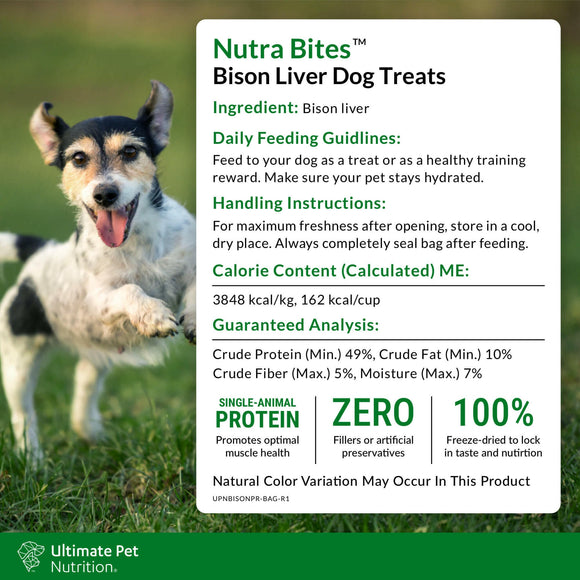 Ingredients and Feeding Guidelines of Ultimate Pet Nutrition Nutra Bites Freeze Dried Bison Liver Treats for Dogs