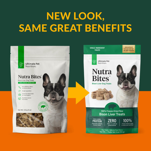 New Packaging of Ultimate Pet Nutrition Nutra Bites Freeze Dried Bison Liver Treats for Dogs