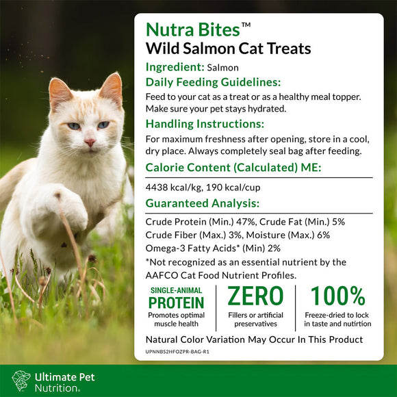 Ingredients and Feeding Guidelines of Ultimate Pet Nutrition Nutra Bites Freeze Dried Wild Salmon Cat Treats