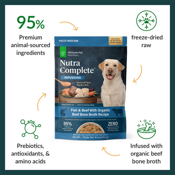 Food features of Ultimate Pet Nutrition Fish & Beef with Beef Bone Broth Dog Food