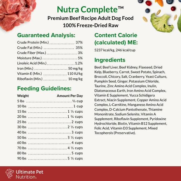 Ingredients and Feed Guidelines of Ultimate Pet Nutrition Nutra Complete Premium Beef Freeze-Dried Raw Dog Food