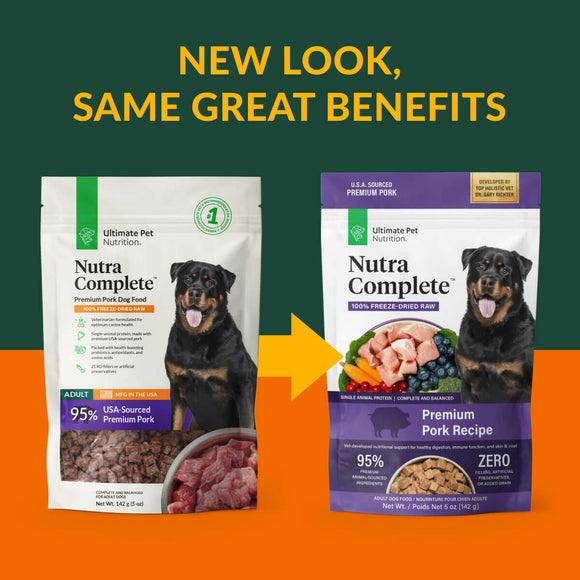 New Packaging Ultimate Pet Nutrition Nutra Complete Premium Pork Freeze-Dried Raw Dog Food,