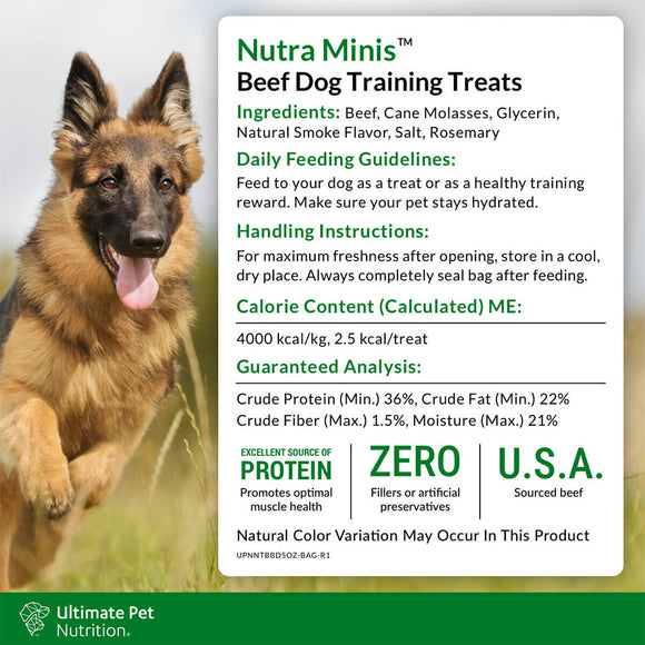 Ingredients and Feed Guidelines of  Ultimate Pet Nutrition Nutra Minis Air-Dried Beef Dog Training Treats