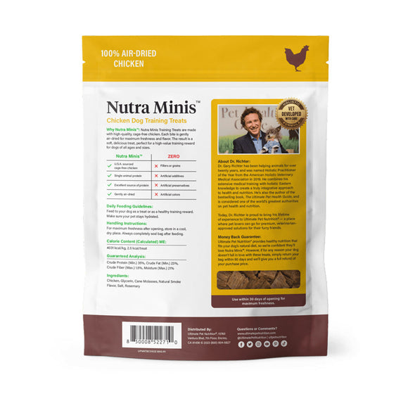 Back label of Ultimate Pet Nutrition Nutra Minis Air-Dried Chicken Dog Training Treats, 5-oz