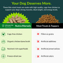Advertisement for Ultimate Pet Nutrition Nutra Morsels dog treats with text and images of treats.