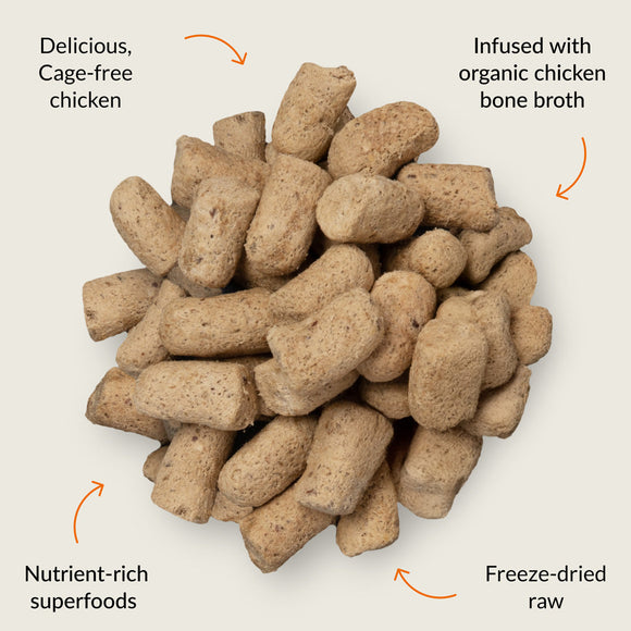 Dog food pellets with text highlighting ingredients on a light gray background
