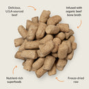 Dog food pellets with text highlighting ingredients on a light gray background