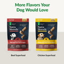 Two packages of Nutra Morsels dog treats, one beef and one chicken, on a white background.