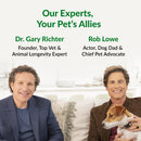 Two men, one with a dog, sitting on a couch with text about experts and pet advocates.