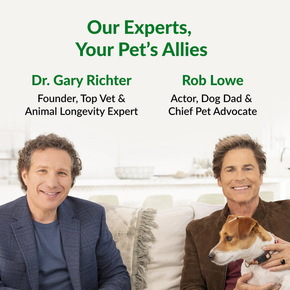 Two men, one with a dog, sitting on a couch with text about experts and pet advocates.