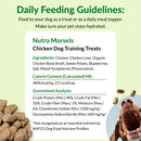 Dog training treats packaging with ingredients list and feeding guidelines on a green background.