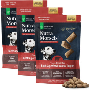 Three packages of Nutra Morsels Freeze-Dried Raw Beef Superfood Treats on a white background.