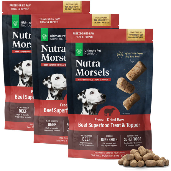 Three packages of Nutra Morsels Freeze-Dried Raw Beef Superfood Treats on a white background.