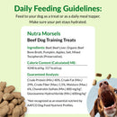 Dog training treats with feeding guidelines and ingredients on a green background