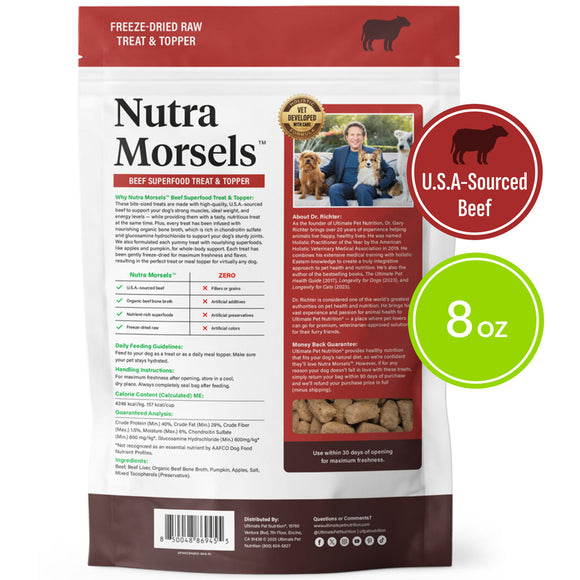 Nutra Morsels dog treat package with branding and product details on a white background