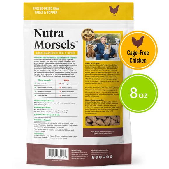 Nutra Morsels chicken superfood treat packaging with branding and product details.