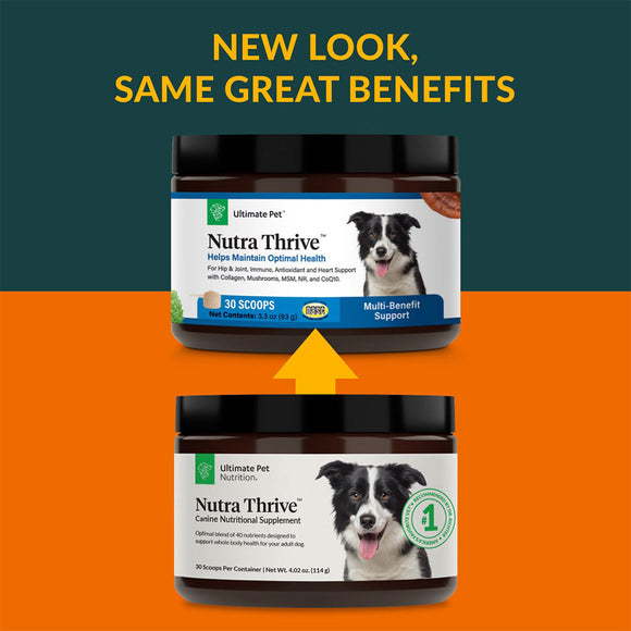 New Packaging of Ultimate Pet Nutrition Nutra Thrive Nutritional Supplements for Dogs