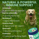 Dog in a grassy field with natural immune support product and benefits listed