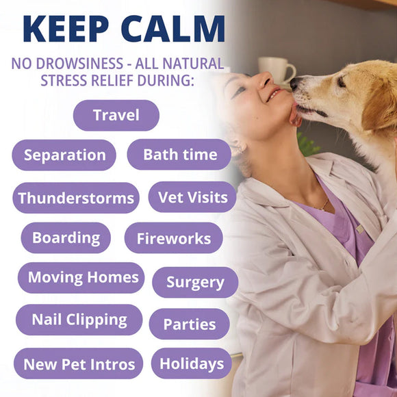 Woman in a white coat with a dog, with text about stress relief for various situations.