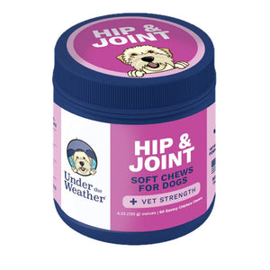 Jar of 'Hip & Joint' soft chews for dogs by Under the Weather on a white background