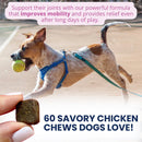 Dog running with a ball, holding a treat, and text about joint support chews.