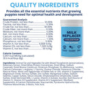 Milk replacer for kittens with guaranteed analysis and ingredients listed on a white background.