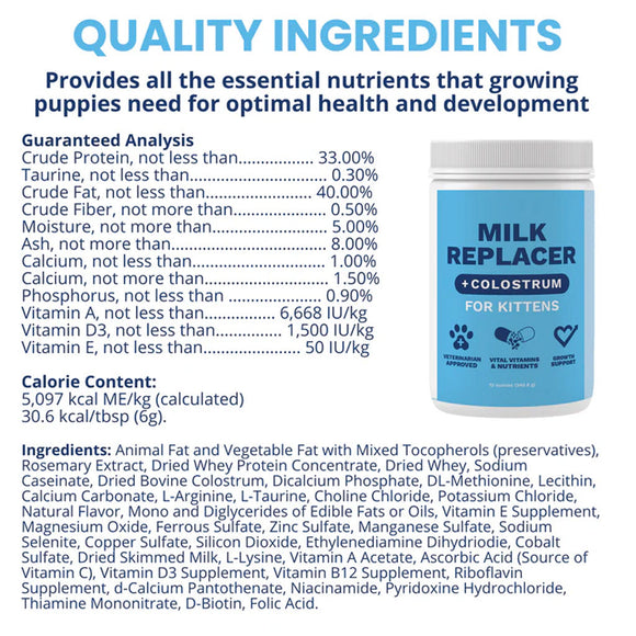 Milk replacer for kittens with guaranteed analysis and ingredients listed on a white background.