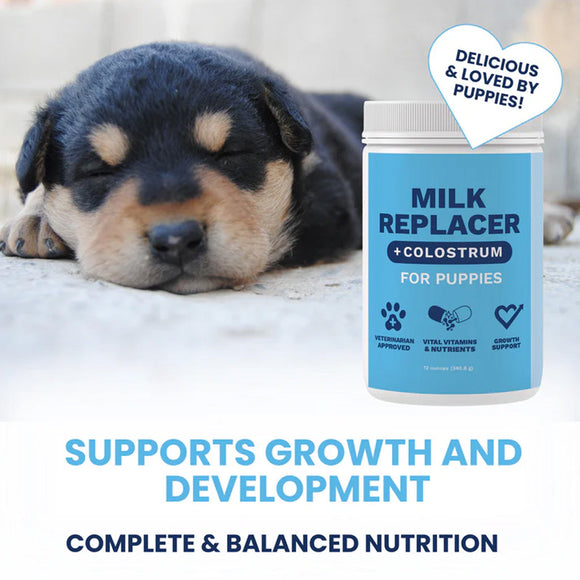 Puppy lying next to a bottle of milk replacer for puppies with text about its benefits.