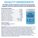 Milk replacer for puppies with guaranteed analysis and ingredients listed on a white background.