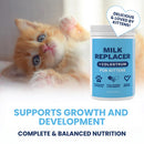 Kitten next to a bottle of milk replacer for kittens with text about its benefits.