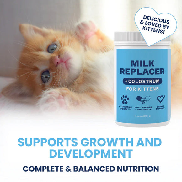 Kitten next to a bottle of milk replacer for kittens with text about its benefits.