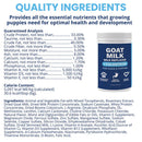Goat milk replacer for dogs and puppies with nutritional information and a container of the product.