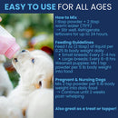 Bottle feeding a puppy with text on how to mix and feed a product, set against a blue background.