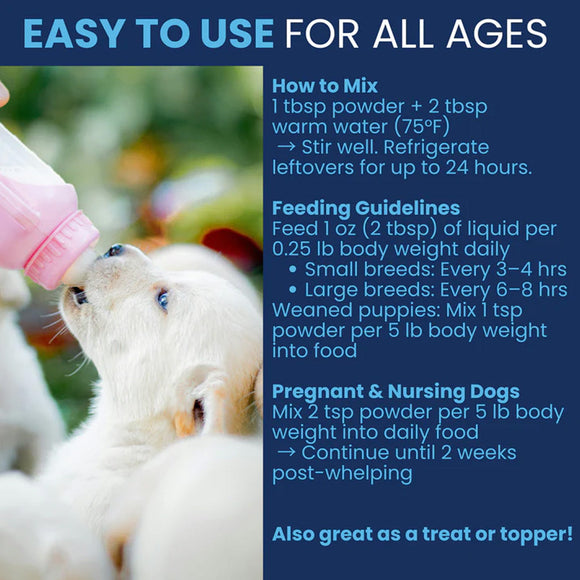 Bottle feeding a puppy with text on how to mix and feed a product, set against a blue background.