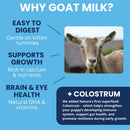 Infographic about goat milk benefits with a picture of a goat on a blue background
