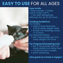 Cat being fed from a bottle with feeding guidelines on a blue background